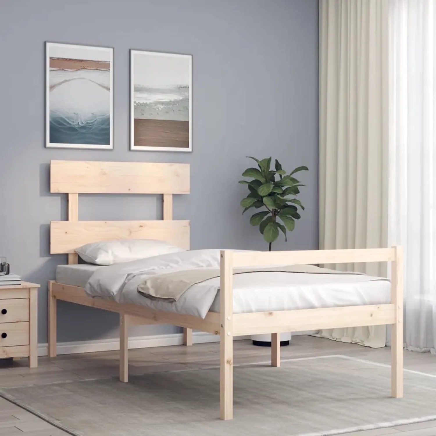 Massivholzbett mit Kopfteil, Kiefernholz, 75x190 cm (2FT6 Small Single).
