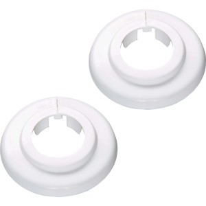 2 weiße Klapprosetten, Ø 28 mm, aus Kunststoff zur Abdeckung von Rohrdurchführungen.