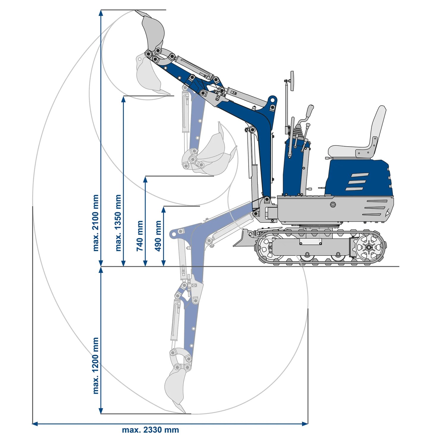 Scheppach Mini-Bagger EXC815: Technische Zeichnung mit Maßangaben zu Grabtiefe und Reichweite.