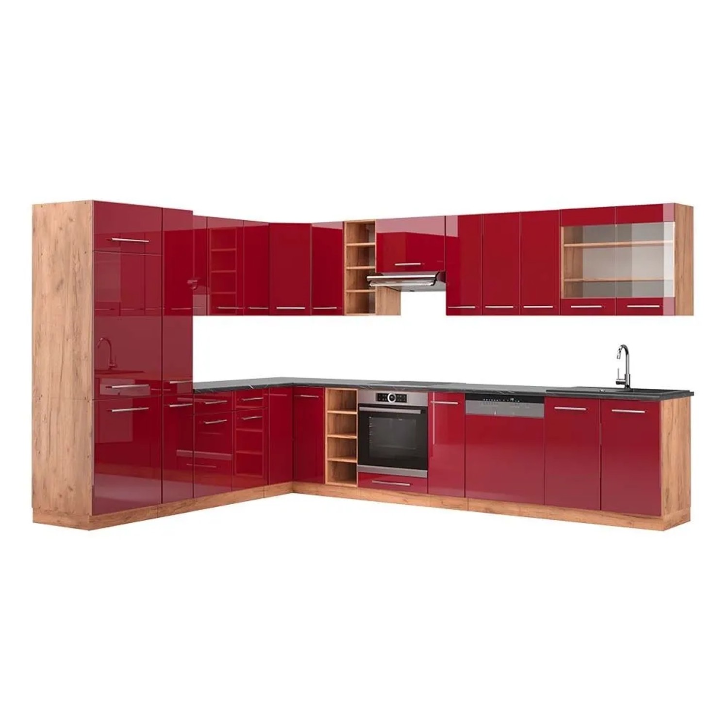 Vicco Eckküche Fame-Line Bordeaux Hochglanz/Goldkraft Eiche 347 x 82, AP Anthrazit
