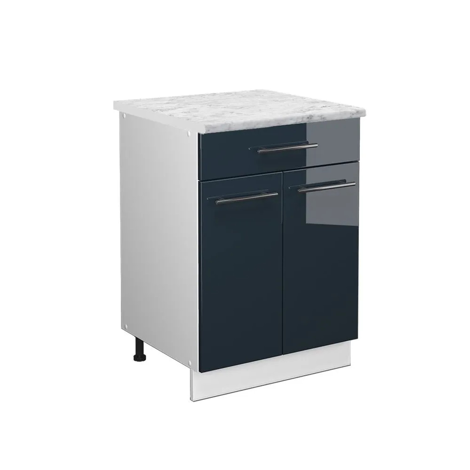 Vicco Küchenunterschrank Fame-Line DunkelBlau Hochglanz Weiß 60 cm mit Schublade AP Marmor