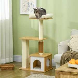 PawHut Kratzbaum, 114 cm hoch, mit Katzenbett, Katzenhöhle und Kratzsäulen.