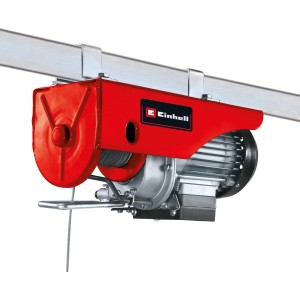 Roter Einhell Seilhebezug TC-EH 250 mit Drahtseil und Lasthaken, montiert an einer Metallschiene.