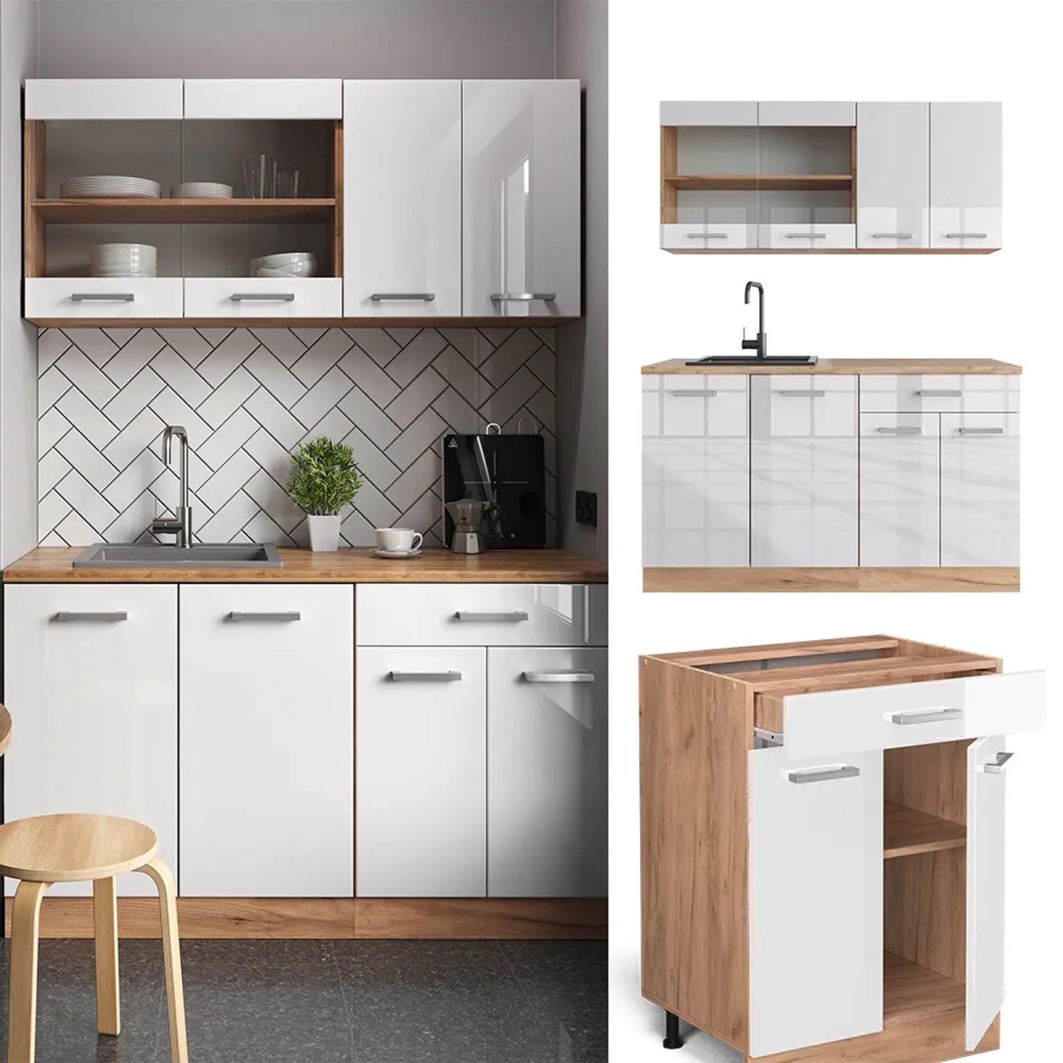 Vicco Singleküche in Weiß Hochglanz und Eiche Dekor, 140 cm Küchenzeile mit Arbeitsplatte.