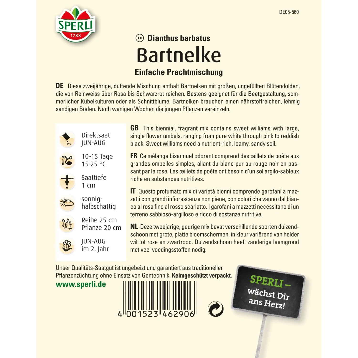 Samenpackung Sperli Bartnelke Einfache Prachtmischung mit mehrfarbigen Blüten.