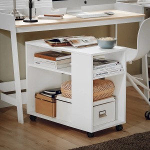 Weißer SoBuy Beistelltisch auf Rollen mit Ablagefächern. Moderner Couchtisch oder Druckerregal für Wohnzimmer.