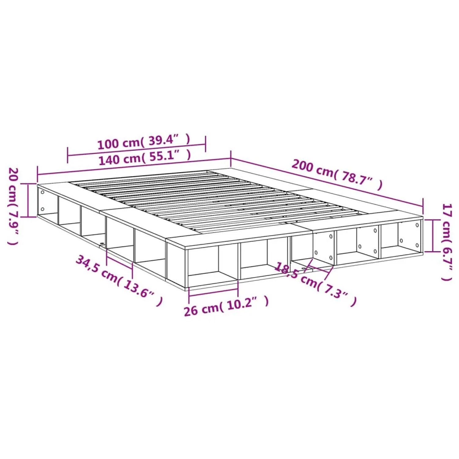 Weißes vidaXL Bettgestell 140x200 cm aus Holzwerkstoff mit integrierten Staufächern. Modernes Bett für Schlafzimmer.
