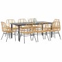 9-teiliges Garten-Esszimmerset aus Poly Rattan mit Glasplatte, bestehend aus Tisch und 8 Stühlen.