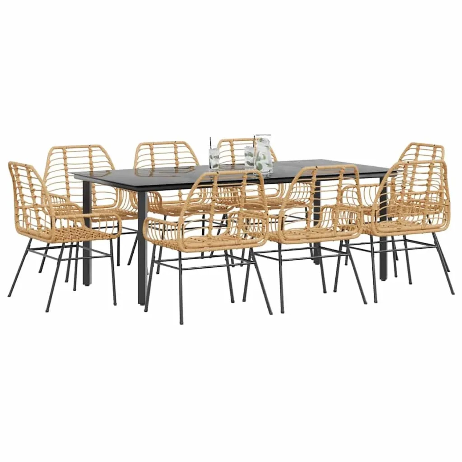 9-teiliges Garten-Esszimmerset aus Poly Rattan mit Glasplatte, bestehend aus Tisch und 8 Stühlen.