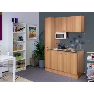 Flex-Well Singleküche 130 cm in Nano Buche mit Spüle und Mikrowelle.