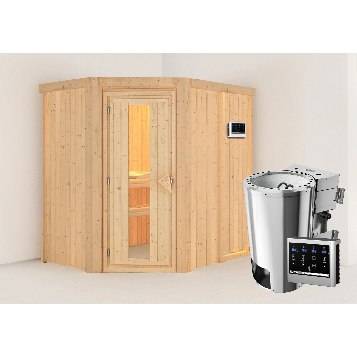 Karibu Sauna Silva mit Bio-Ofen externe Stg.Easy Natur