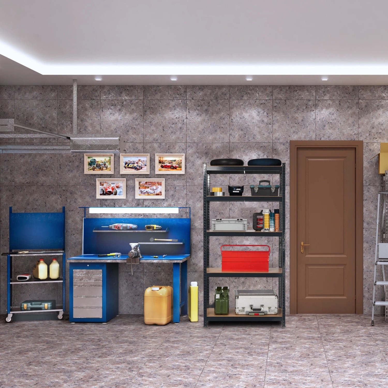 Schwarzes Schwerlastregal aus Stahl mit braunen MDF-Böden in Garage. Höhenverstellbar, teilbar, für Werkzeug & Lagerung.