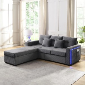 Graues L-Sofa 3-Sitzer aus Cordstoff mit modularem Ottoman und blauer LED-Beleuchtung an der Armlehne.