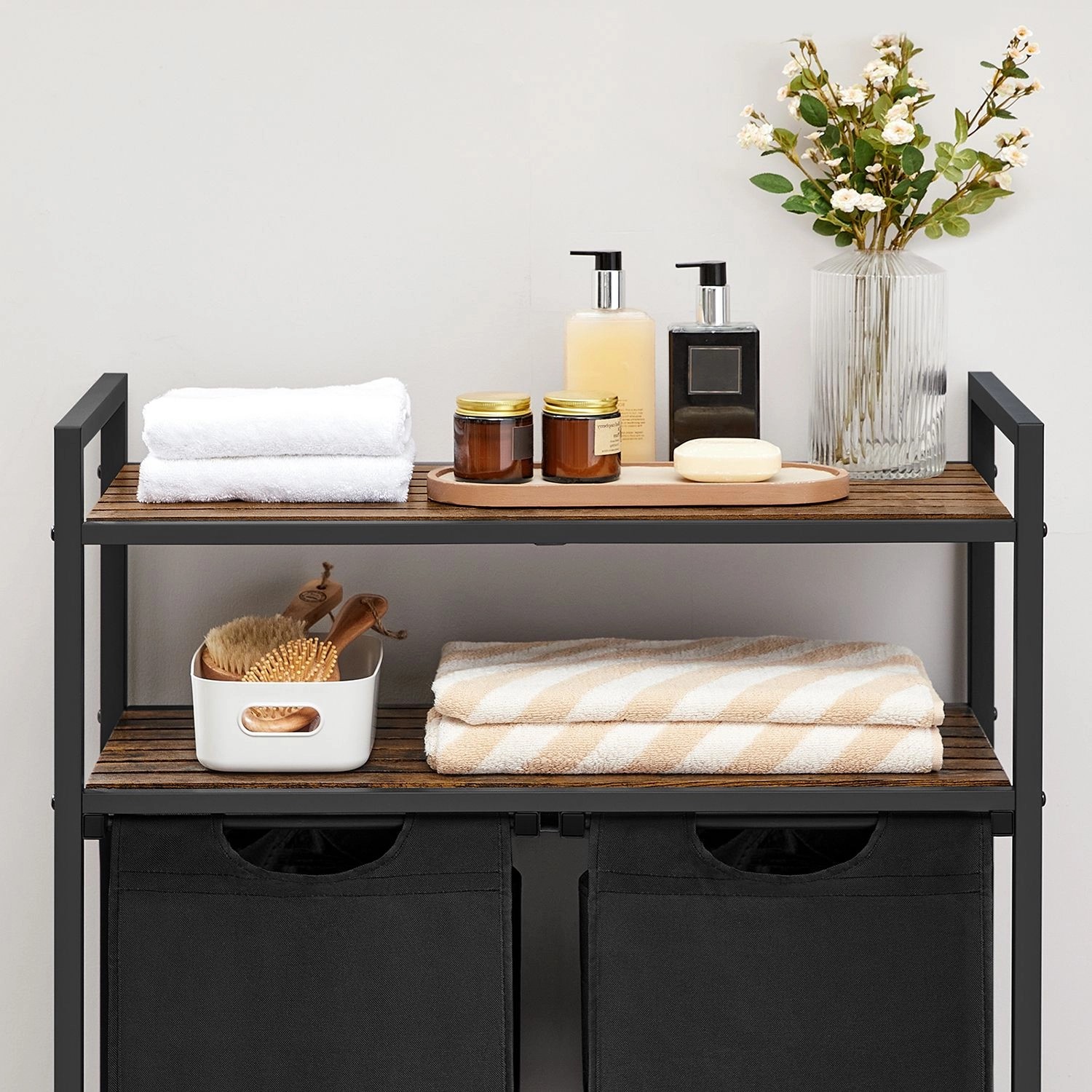 Vasagle Wäschekorb mit 2 Fächern, braun-schwarz, mit Ablagen für Badutensilien und Wäsche.