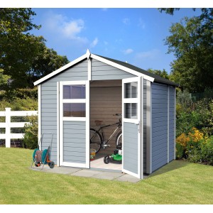 Graues Bertilo Gartenhaus Visby mit geöffneten Türen, Fahrrad und Gartengeräten im Inneren.