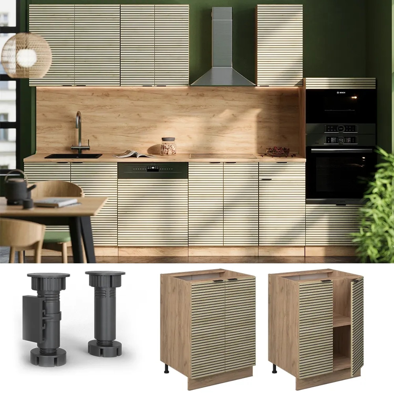 Vicco Küchenunterschrank Fame-Line in Eiche Paneel, 60 cm breit. Küchenkommode mit Arbeitsplatte.