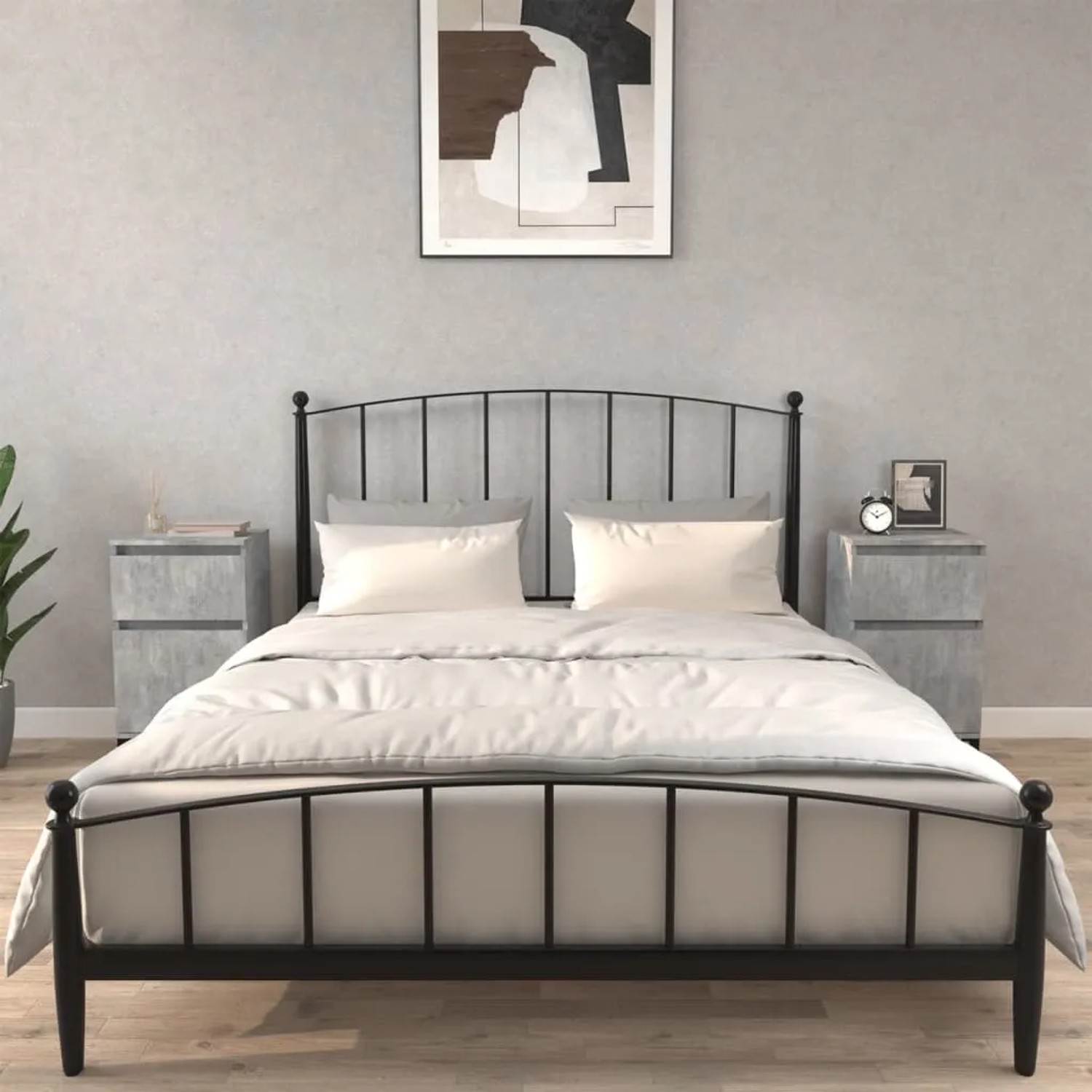 2er-Set graue Nachttische (40x35x70 cm) neben einem Bett. vidaXL Nachttische mit 2 Schubladen.