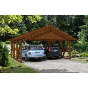 Skan Holz Carport Schwarzwald Nuss, Fachwerk-Carport mit Dachlattung und zwei geparkten Autos.