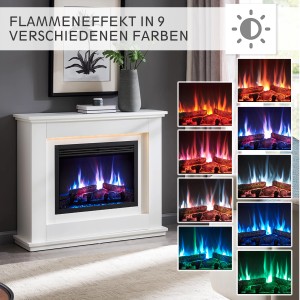 Weißer BALDERIA Elektrokamin mit 3D-Flammeneffekt und verschiedenen Farboptionen.