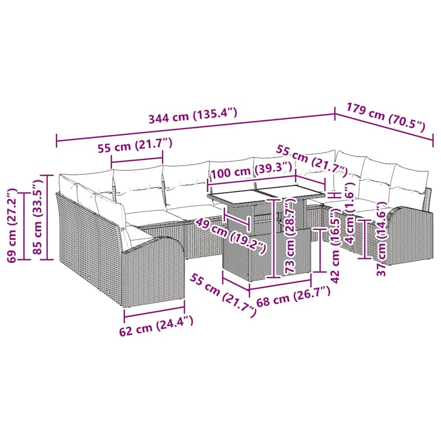 vidaXL Gartenmöbel-Set, 11-teilig, beige Poly Rattan, mit Maßen des Sofas und Tisches.