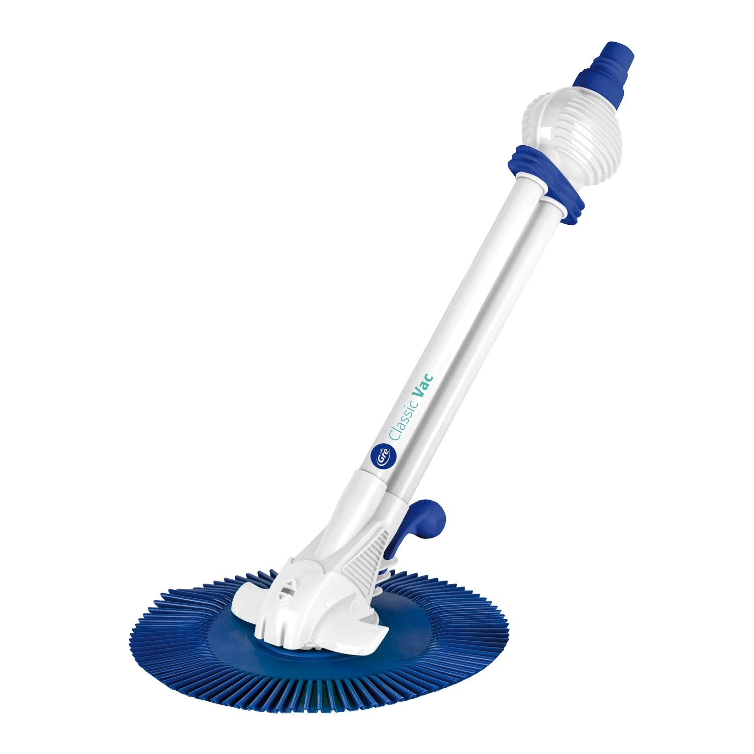 Weißer Gre Automatik-Poolreiniger für Einbau- und Aufstellbecken. Poolsauger mit blauem Bürstenkopf.