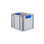 Graue PROREGAL Eurobox mit blauem Griff und Deckel. Aufbewahrungsbox für Industrie und Gewerbe.