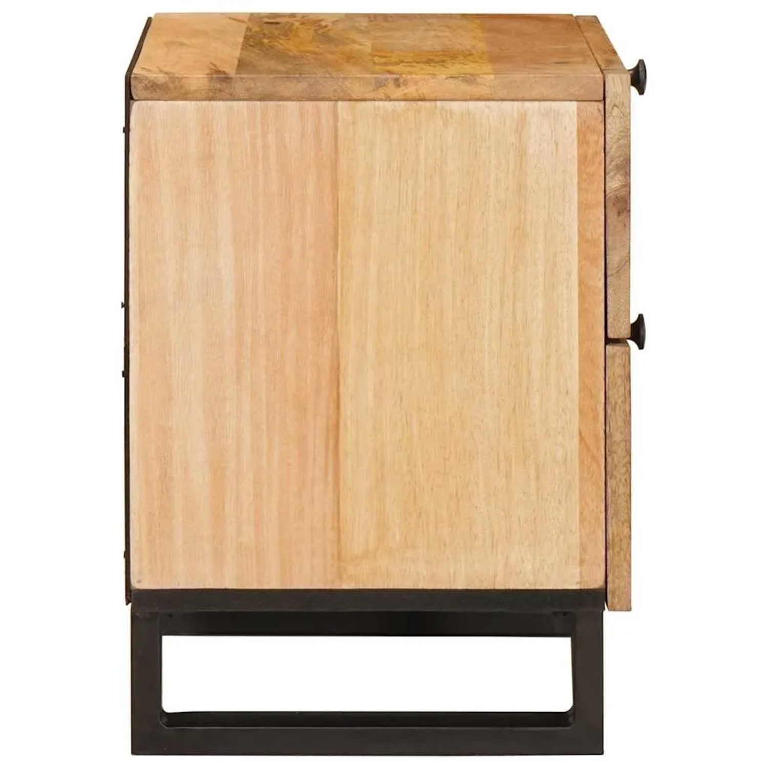 Nachttisch aus Natur-Mangoholz mit zwei Schubladen und schwarzem Metallgestell, Seitenansicht.