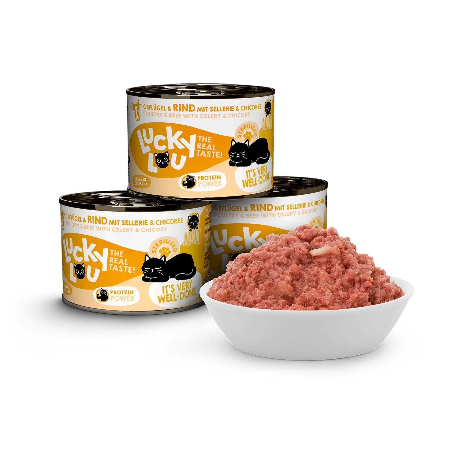 Lucky Lou Katzen-Nassfutter für sterilisierte Katzen, Geflügel & Rind, 200g Dose und Schale.