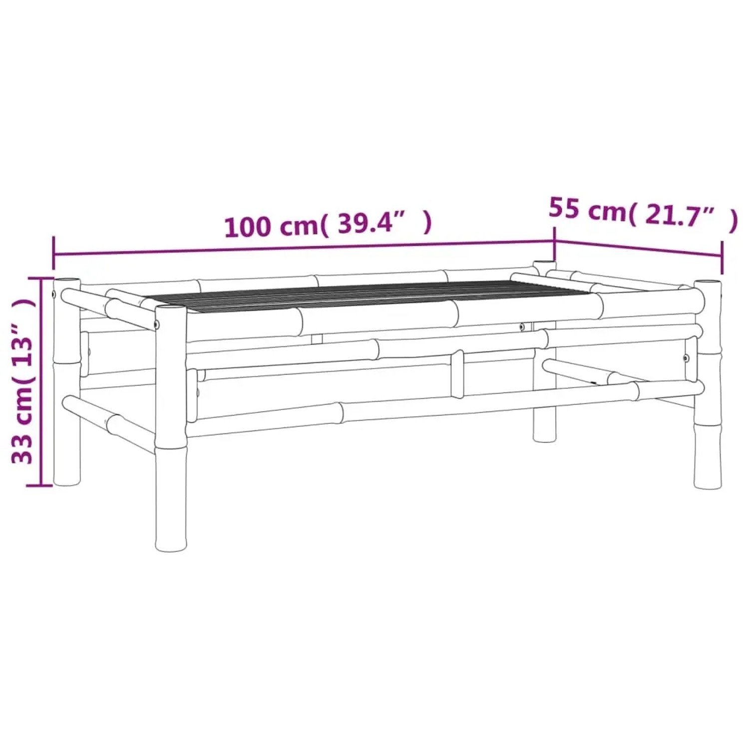 Skizze: vidaXL Garten-Lounge-Set, Bambus, mit Maßen. Ideal für Gartenmöbel-Planung.
