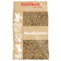 Supravit Trockenfutter für Hunde mit Lamm & Reis. Beige Packung mit Hundeköpfen und Futter-Kroketten.