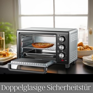 Steinborg Minibackofen SB-3017, 15 Liter, mit Pizza im Innenraum. Kompakter Ofen für die Küche.
