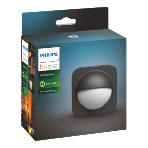Verpackung des Philips Hue Motion Outdoor-Sensor Bewegungsmelders in Schwarz, kabellos.