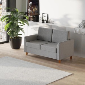 Graues 2-Sitzer Sofa von HOMCOM in Leinenoptik mit Holzbeinen in modernem Wohnzimmer.