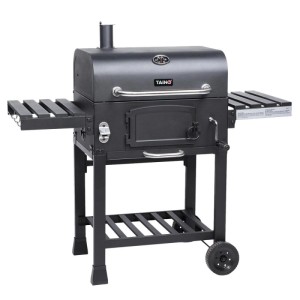Robuster Taino Hero XL Holzkohlegrill mit Smoker, klappbaren Seitentischen, Rädern und Flaschenöffner.