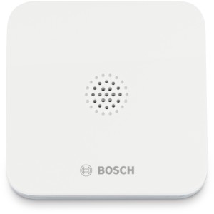 Bosch Smart Home Wassermelder BWA-1: Quadratischer, weißer Wassersensor mit Lautsprechergitter.