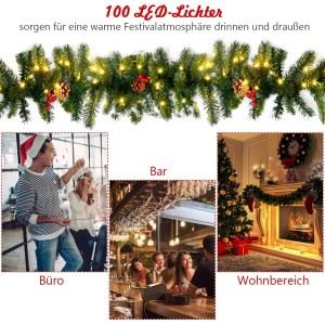 Costway Weihnachtsgirlande mit 100 Leds Warmweiß 270cm & Roten Beeren