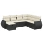 Schwarze 7-tlg. vidaXL Garten-Sofagarnitur aus Poly Rattan mit cremeweißen Kissen.
