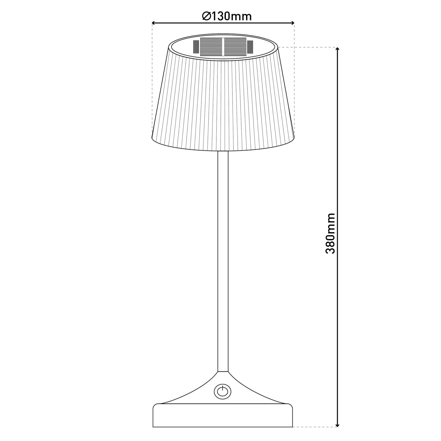 Skizze der schwarzen LED Solar Tischleuchte Emmi, Ø 13 cm, 38 cm hoch, für den Außenbereich.