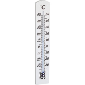 Weißes TFA Innen-Thermometer aus Holz zum Aufhängen. Temperaturanzeige in Celsius.