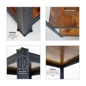 Detailansichten des PROREGAL Schwerlastregals Ragnar: Vintagebraune Regalböden, schwarzes Metallgestell, Easy-Slide Stecksystem.