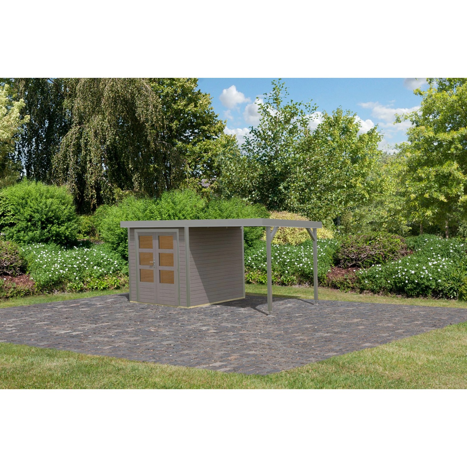 Karibu Gartenhaus Ernesto D m. Anbaudach Wassergrau/Grau 208,5 x 209 x 213 günstig online kaufen
