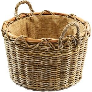 Grauer Kobolo Holzkorb aus Rattan mit Juteeinsatz und Griffen für Kaminholz.