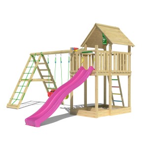 Jungle Gym Spielturm mit Doppelschaukel, Kletterbock und fuchsia Rutsche.