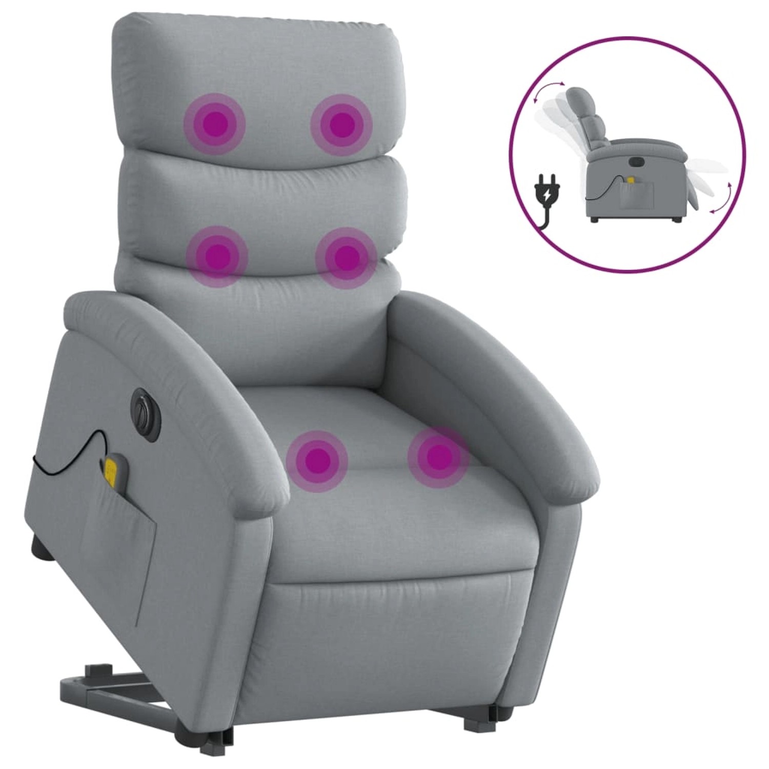 Elektrischer Massagesessel mit Aufstehhilfe, hellgrauer Stoff. Relaxsessel mit Vibrationsmassage und Aufstehfunktion.