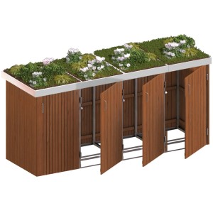 Mülltonnenbox Binto 4er Hartholz mit Pflanzschalen und Bepflanzung.