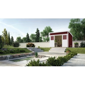 Lasiertes Weka Holz-Gartenhaus Turin mit Pultdach im Garten, rot-weiße Optik.