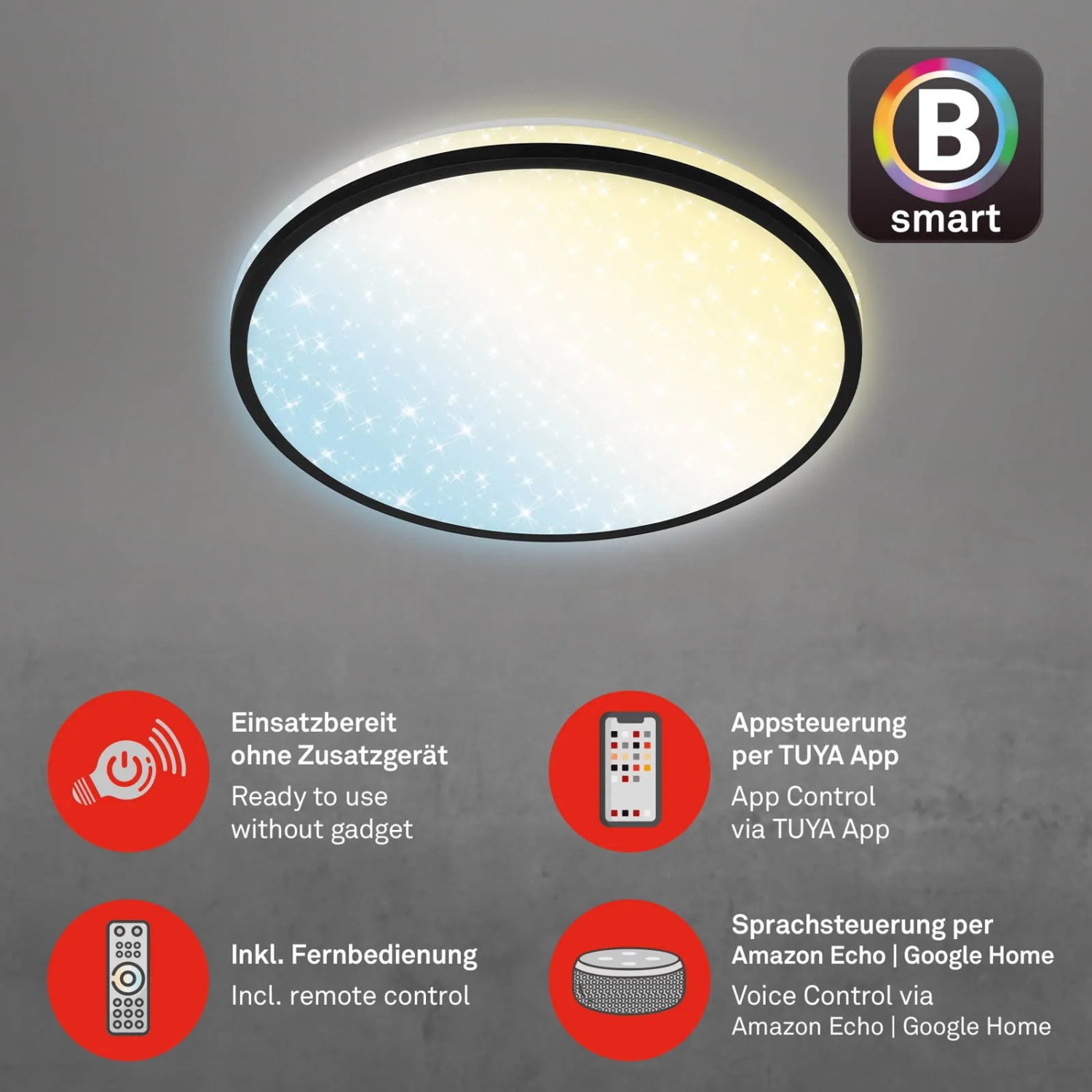 Dimmbare, schwarze Brilo LED-Deckenleuchte Ivy Sky S mit Sternendekor, 24W.