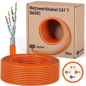 hb-digital CAT7 Netzwerkkabel 25m Verlegekabel AWG23 Orange im Karton