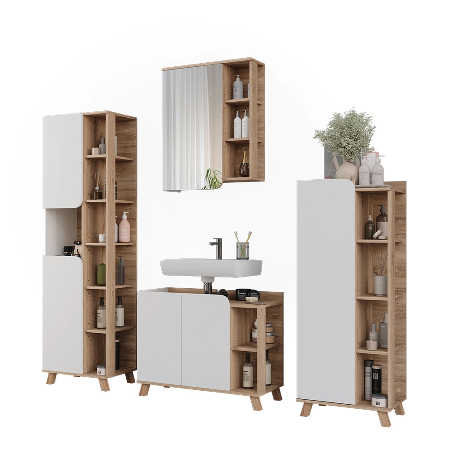 Vicco Badmöbel-Set Karen, 4-teilig in Sonoma/Weiß: Waschbeckenunterschrank, Spiegelschrank, Regal, Hochschrank.