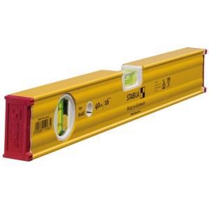 Gelbe Stabila Wasserwaage Typ 80 AS, 40 cm, mit zwei Libellen und roten Endkappen.